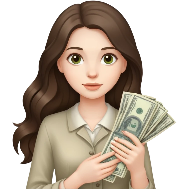 beautiful pale brunette girl with long hair holding a bunxh of money emoji