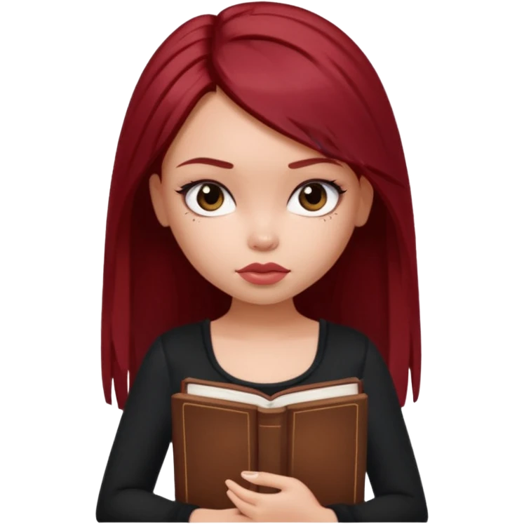 a pretty bratz fair girl with dark red straight hair, black cami top, looking sad holding books. looking sad emoji
