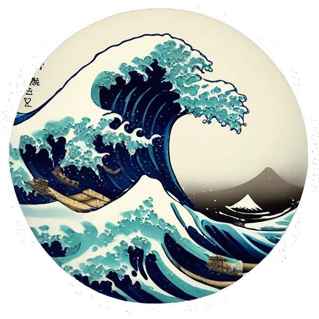 a wave in the style of 'the great wave' with studio Ghibli & one piece art emoji