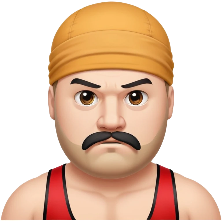 Close-up of very fat white skin guy with young face, beard and mustache, no muscle with prominent black durag, black eyes in a red and black wrestling singlet with angry face emoji