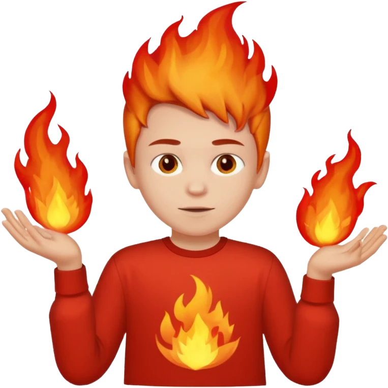 A boy with no hands fire instead made out of red fire and the boy is wearing a shirt that says FIRE C emoji