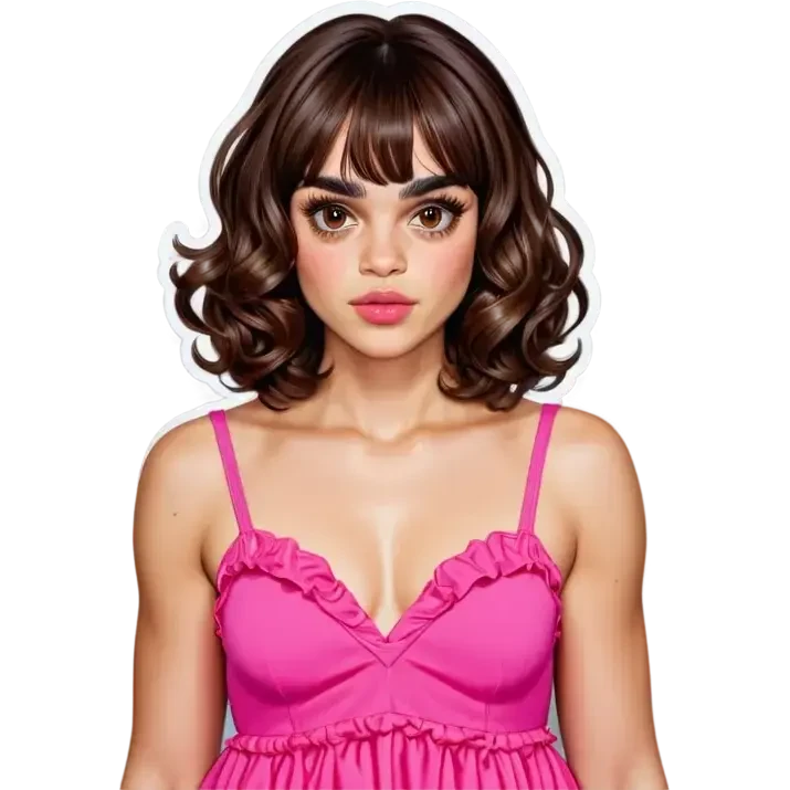Curly brown hair cut to the chest with curtain bangs, brown eyes, light skin, arched eyebrows, pink lips, small breasts and 90 kg emoji