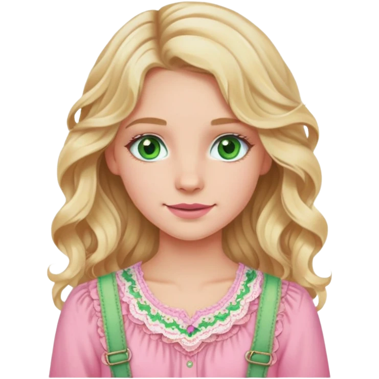 Blonde girl with wavy hair, green eyes, and pink braces wearing a pink boho chic blouse emoji