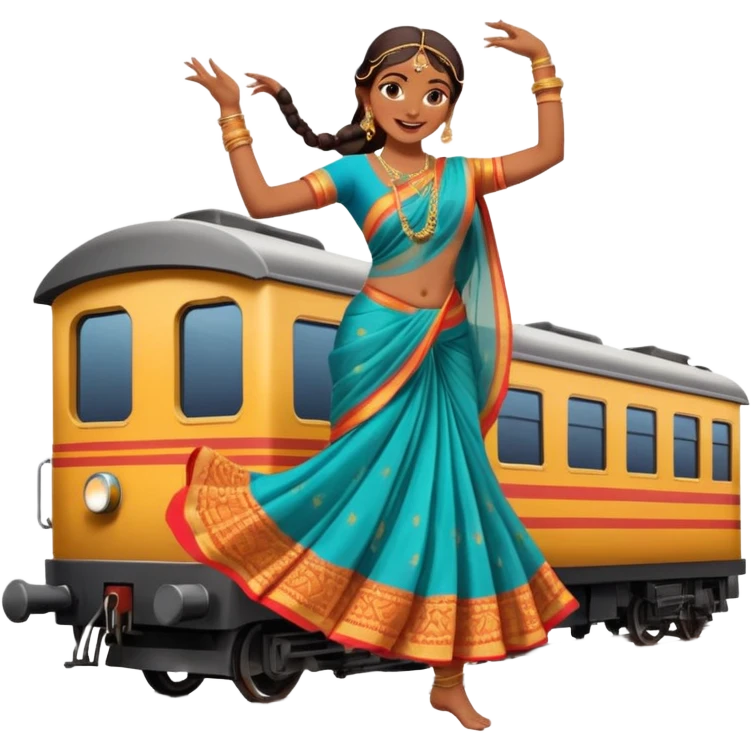 An Indian woman dancer dancing on top of a running train. emoji