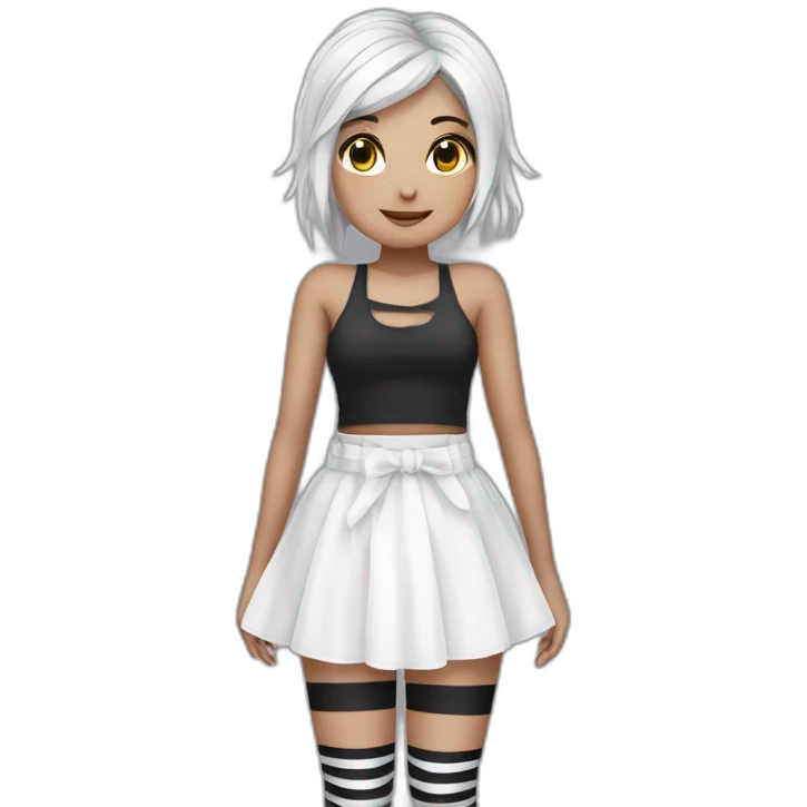 Frontal view curvy emo girl sits white skirt striped stockings hands up emoji