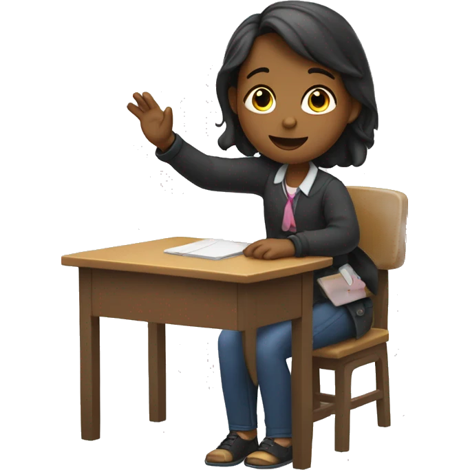 girl is sitting at school desk, hand is raised emoji