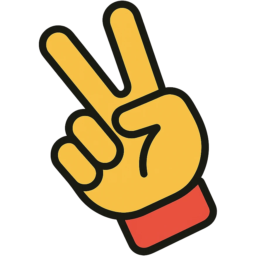 rotate the peace sign hand gesture further downward, keep the same style and colors emoji