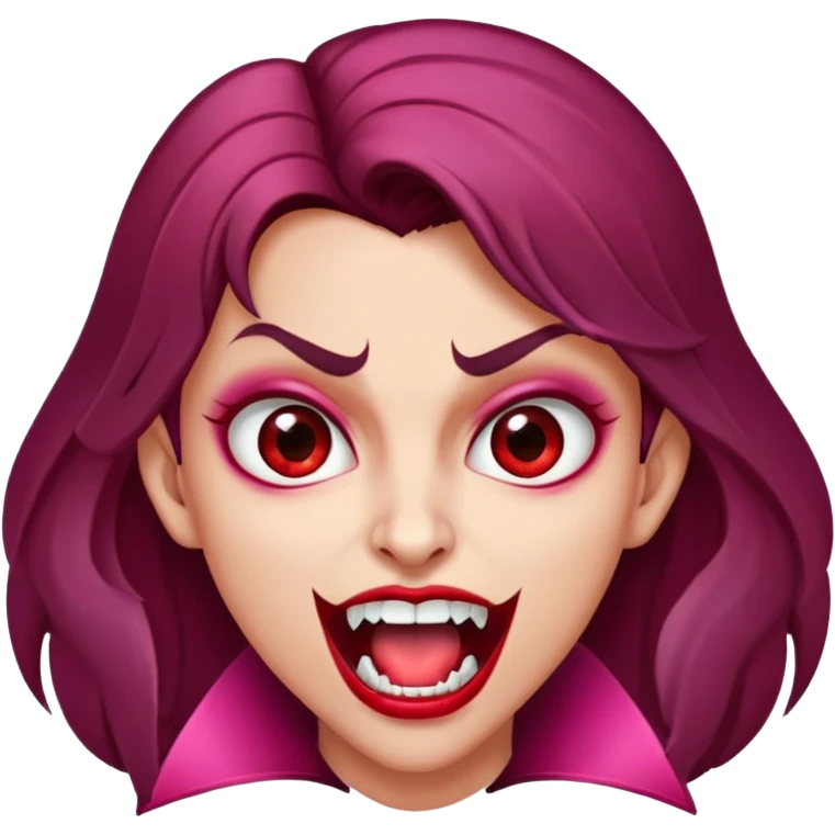 Uma vampira, com a boca aberta mostrando os caninos afiados. Olhos castanhos, cabelo com mechas vermelhas quase rosa. Rosto oval, tom de pele parda. emoji