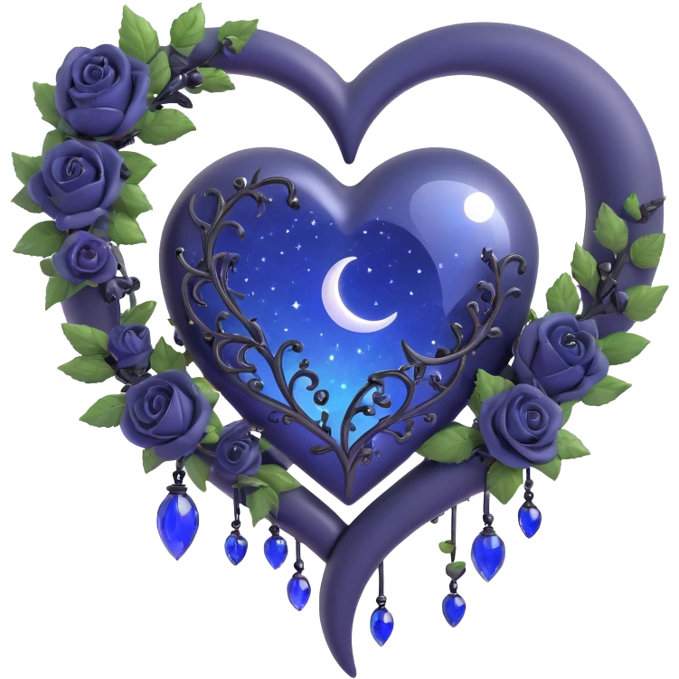 gothic heart, midnight blue glass, silver crescent moon, tiny black roses, shimmering stardust, with a rain-soaked look emoji
