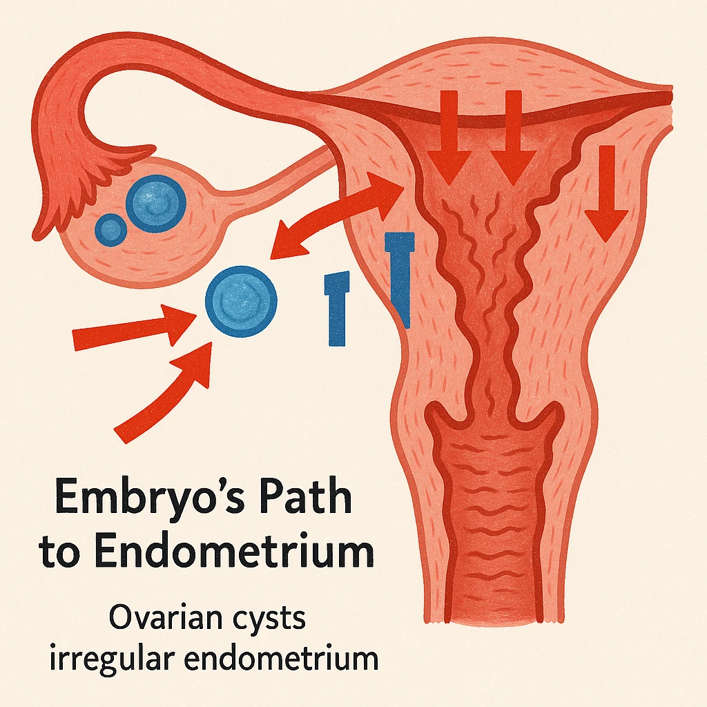 scientific illustration of embryo's path to endometrium with visual signals of hostility like arrows, barriers, red or blue colors, ovarian cysts and irregular endometrium, light background emoji