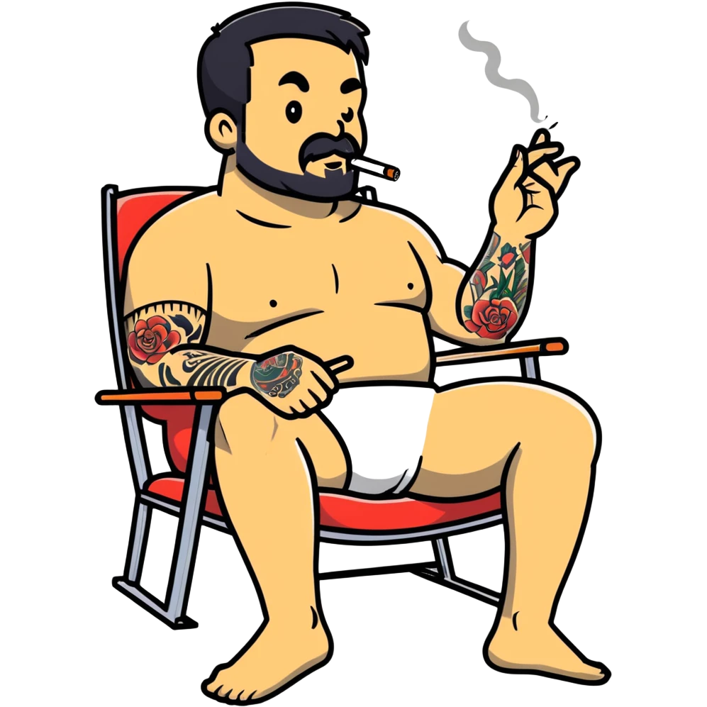 Heavy-set man leaning back in chair with legs spread showing tattooed left calf, smoking cigarette, exposed belly, round face, short black hair, well-groomed short beard with small mustache, black t-shirt with light stripes on top portion, sleeves rolled up, black shorts, arms and left calf decorated with matching black graphic tattoo patterns emoji