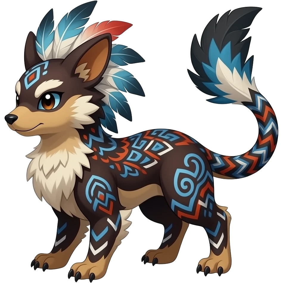 Tribal-patterned aboriginal majestic feathery elegant realistic stylish Furry, fluffy feathery tropical painted scaly, dark-brown, sanguine-red, blue, white, black, Minccino-Bambino-Linoone-Zangoose-fusion-hybrid-animal-Fakémon-creature, full body, thin long sleek tufted tail, intricate markings emoji