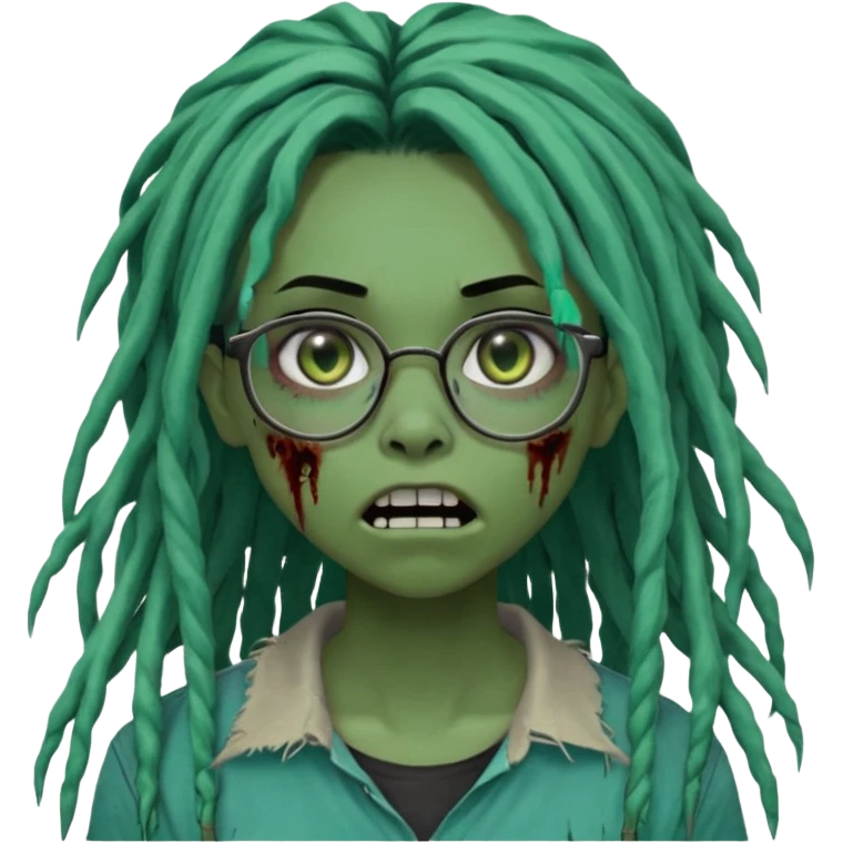 One teen female green-skinned, zombie super pretty with glasses, with ombre black roots & teal tips long dreadlocks and a side bang of her locs that fall over the right eye and a worried expression like with the mouth open, teeth showing, and the jaw uneven. with a small wound near its mouth. emoji