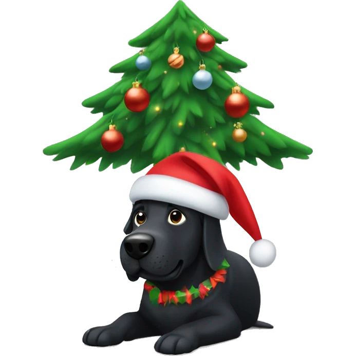 Large black dog under Christmas tree emoji