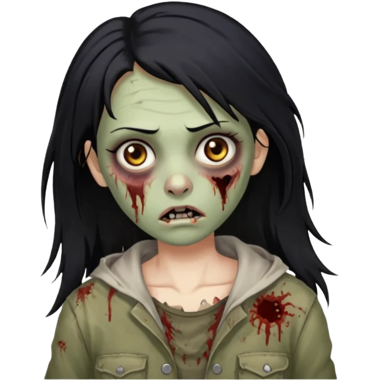 Uma mulher zombie de cabelo preto médio e olho castanho emoji