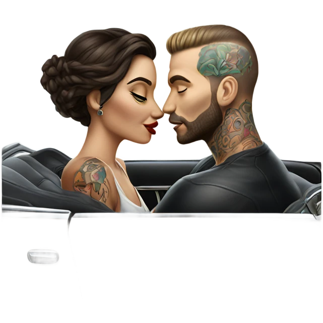 Hyper Realistic gorgeous woman and handsome tattooed man kissing in the front seat of a car emoji