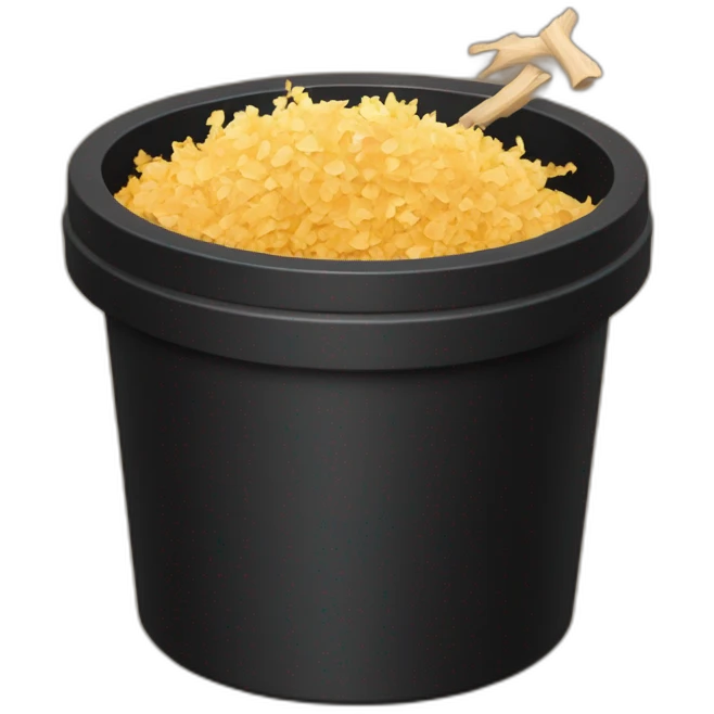 Black cubic plastic container with wood shavings inside, and a white tube with three branches at the top  emoji