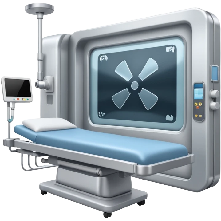 A radiology room showing an X-ray machine and sliding panel bed.
 emoji