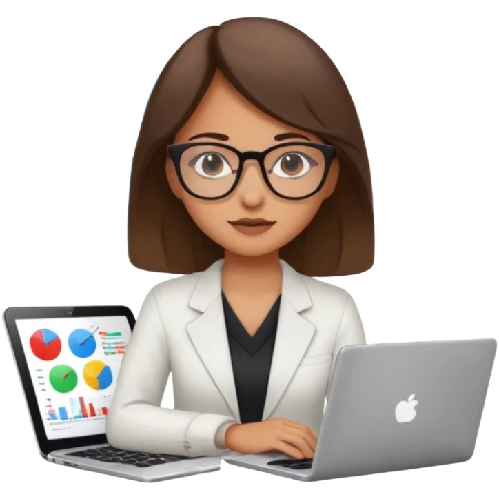 girl analyst with a laptop, surrounded by charts and data emoji emoji