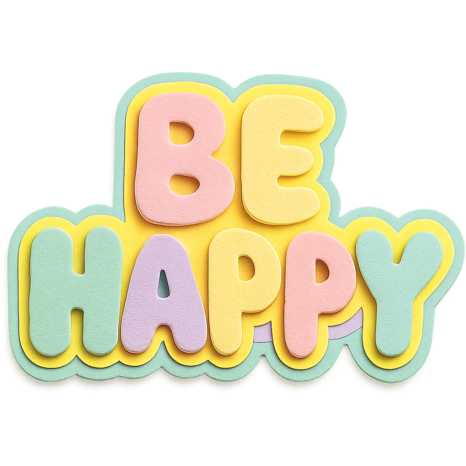 Soft pastel rainbow soft puffy text for "Be Happy", kawaii sticker style, no frame, isolated design, transparent background emoji