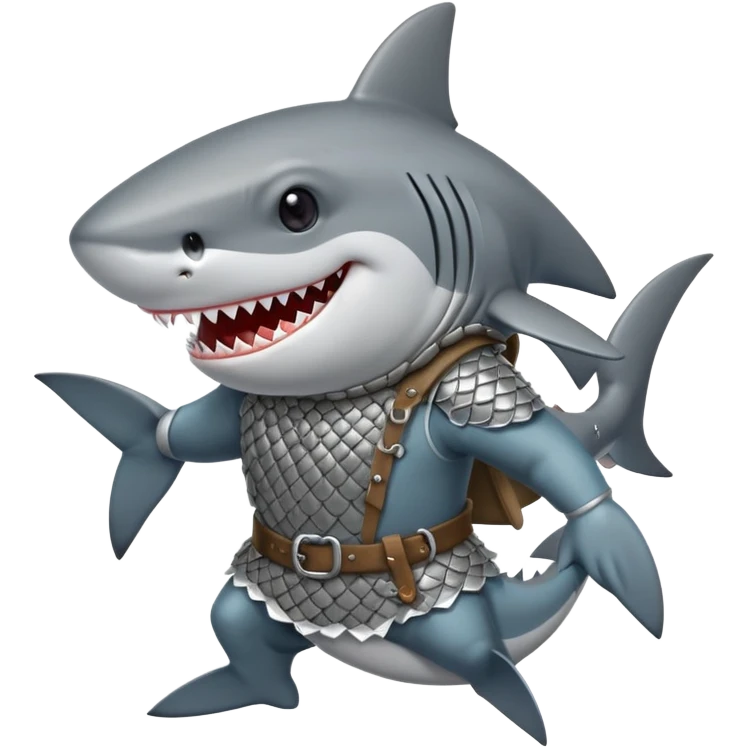 Anthropomorphic shark wearing a gambeson and chainmail coif with messy black hair smiling emoji