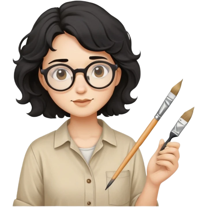Artist with wavy black hair, round glasses, beige painter's shirt, square paintbrush in hand emoji