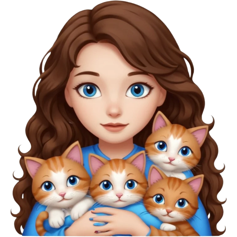 girl with long wavy brown hair, blue eyes, long lashes makeup, cuddling with 6 cute cats emoji