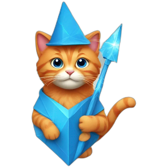 Red cat in a blue triangular cap and with a magic wand emoji