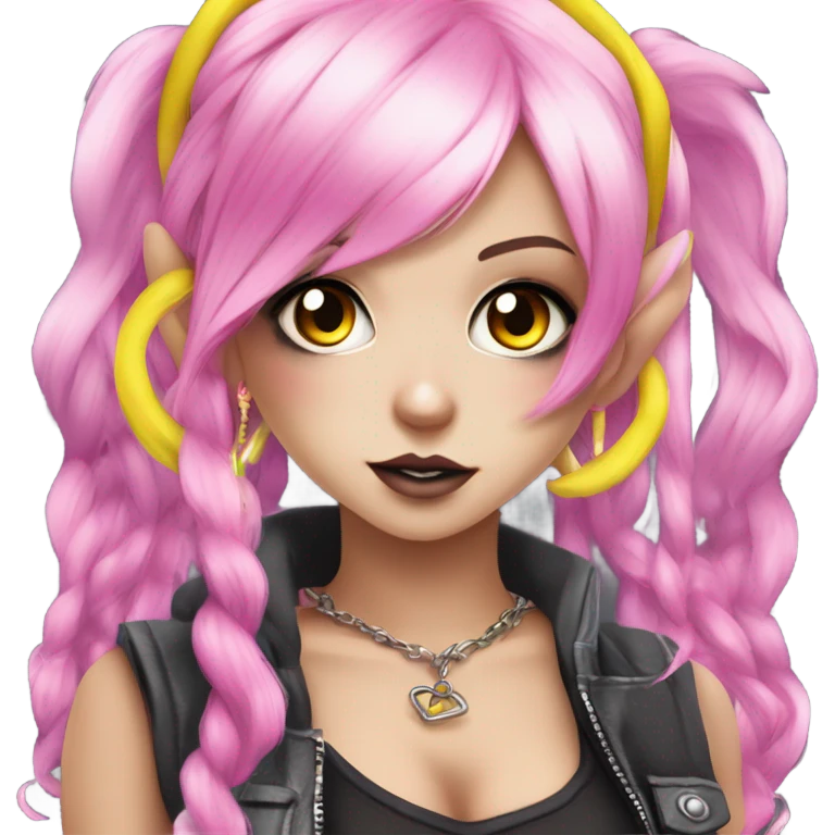Blue eyed pale hime gyaru girl, hot pink and yellow split-dyed hair, nose ring, elf ears, dark makeup, punk clothes emoji