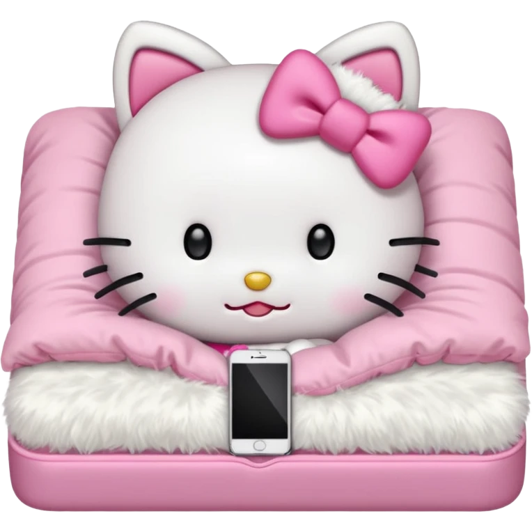 hello kitty tucked into bed on her phone emoji