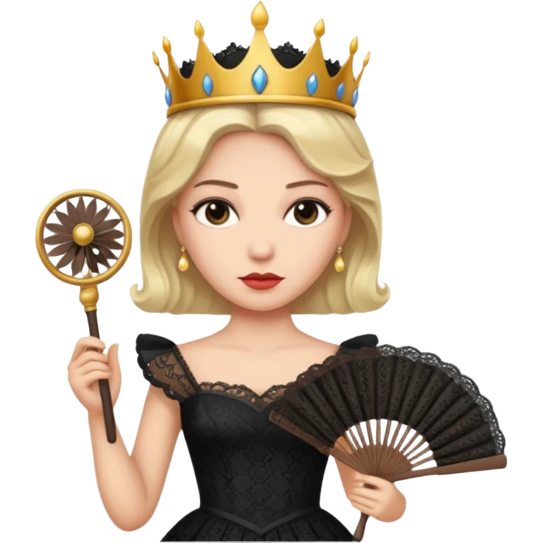 A stern queen with dark lace dress, holding a fan and observing with authority.
 emoji