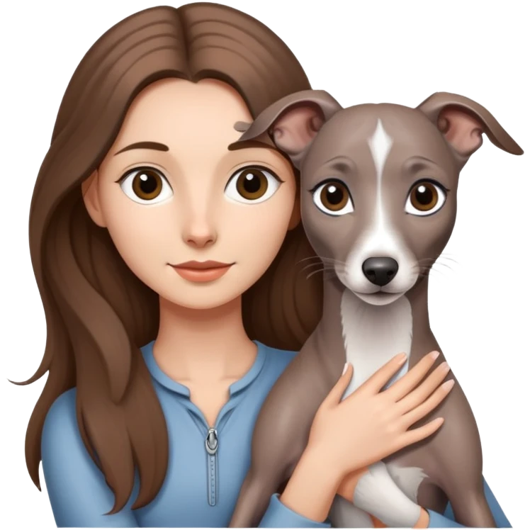 A girl with long brown hair holding a gray Italian Greyhound emoji