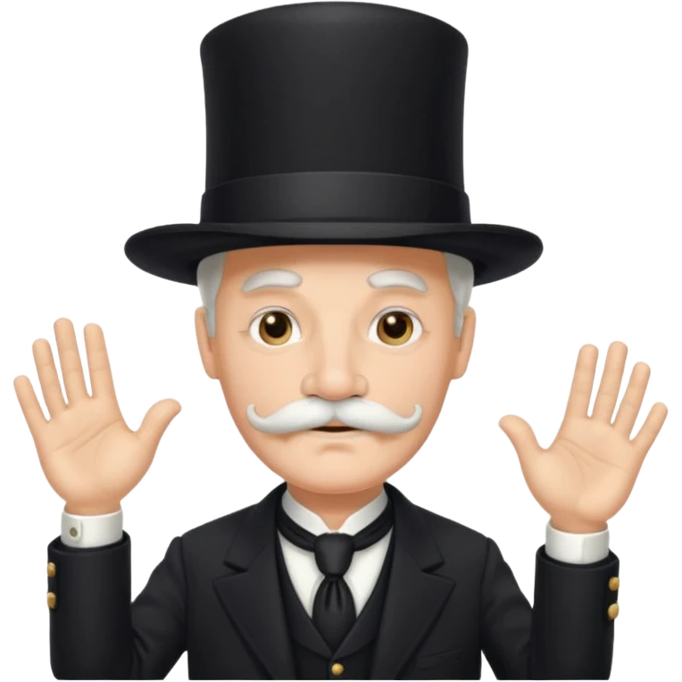 very big white moustachhe and typical 1900 black elegant clothes and hat . politician pose uses hands emoji