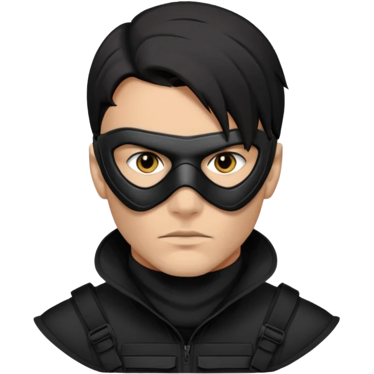 Close-up portrait of an attractive man with piercing eyes, wearing a sleek black tactical mask that covers the lower half of his face. He has sharp jawline definition, dark hair, and a serious, undercover criminal or covert operative look. High contrast, noir lighting, cinematic depth of field. emoji