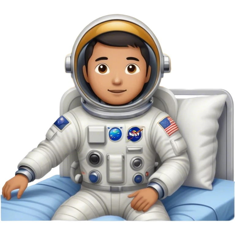 Asian man wearing in astronaut wakeup from the bed with sun emoji