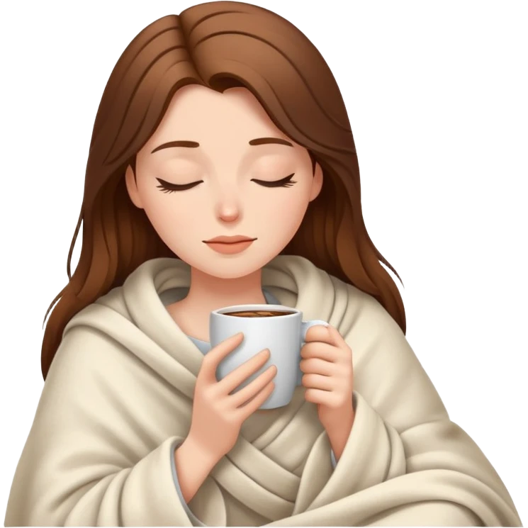 brown-haired white girl inside a blanket sipping coffee eyes closed emoji