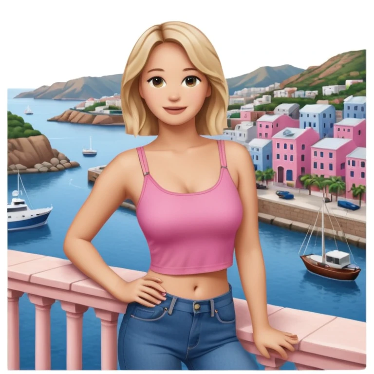 jennifer lawrence, pink crop top, and blue jeans, leaning on a balcony with a harbor and cityscape in the background, smiling emoji