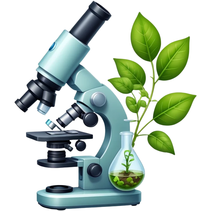 An icon featuring a microscope, a DNA strand, and plant leaves, symbolizing biology. The design includes cells, a test tube with a plant sample, representing life sciences, ecosystems, and the study of organisms. Transparent background highlights the exploration of living systems. emoji