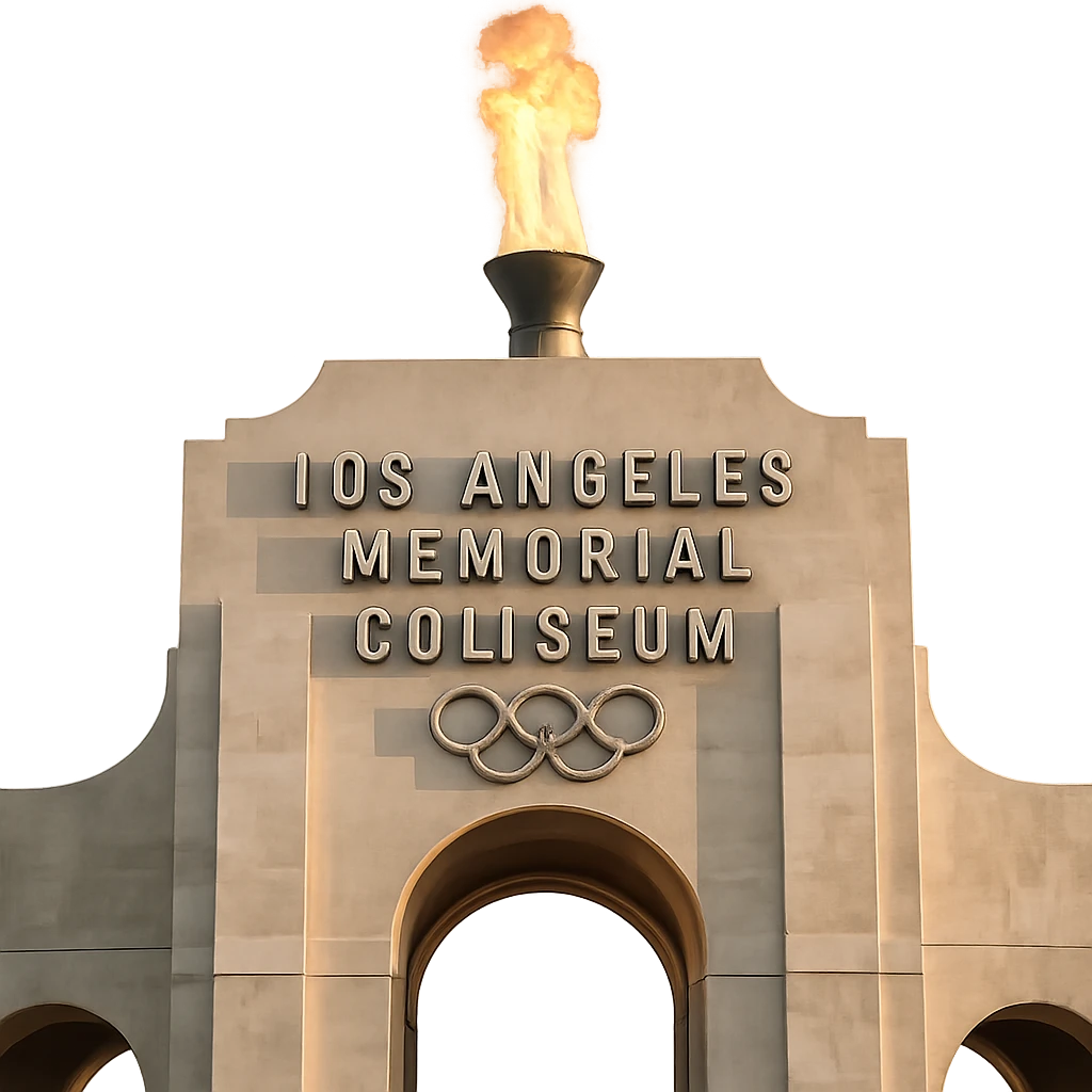 Add a realistic, bright flame coming out of the top of the Olympic Torch at the center of the Los Angeles Memorial Coliseum. Keep the realistic white stone, majestic ornate architecture, lifelike detail, and regal lighting. The fire should be contained to the top of the torch, not surrounding it. Transparent background. emoji