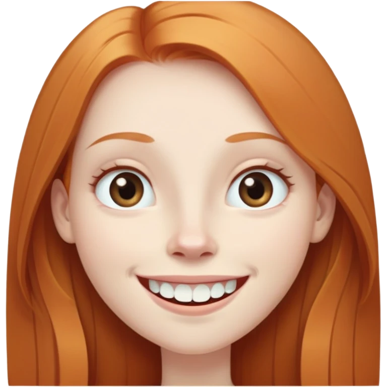 traditional emoji of young girl with very pale skin, long straight muted ginger hair (less vibrant), elongated oval face, bigger human-like eyes positioned close together, wide nose, friendly big smile with very large prominent teeth, less intense expression emoji