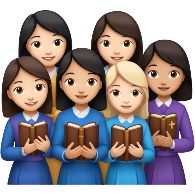 eight asian girls talking to each other holding bibles and crosses emoji