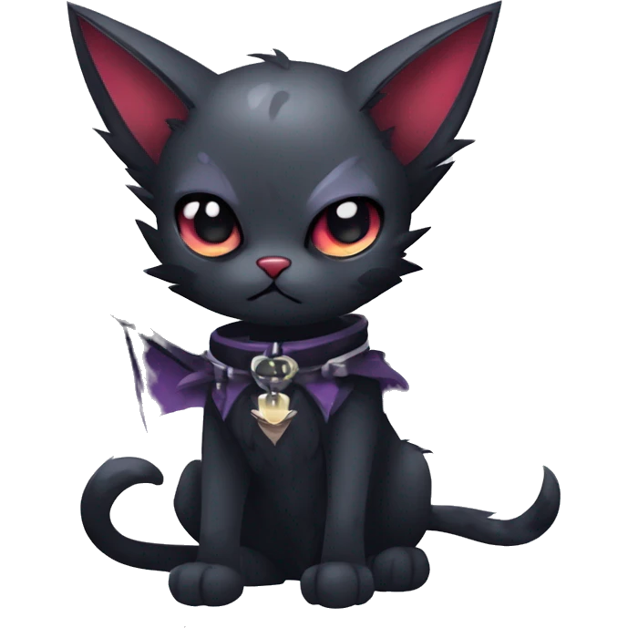   cool edgy kawaii ethereal dark-punk-themed animal vampiric cat-hybrid Fakemon with fangs and bat-wing-ears with a collar full body emoji