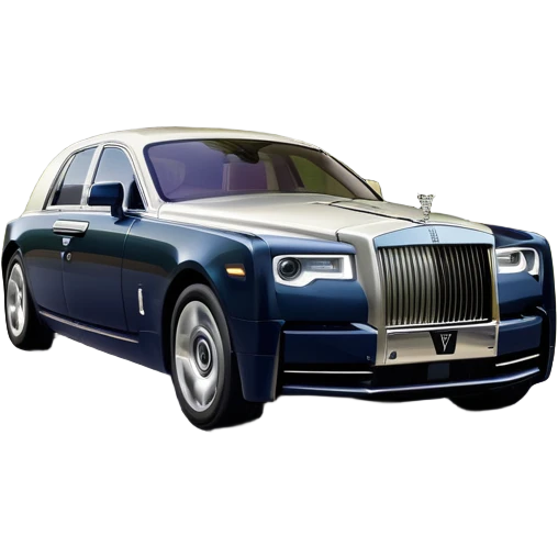 Rolls-Royce Phantom (2022) – cinematic-realistic Rolls-Royce Phantom emoji, its polished silver frame glistening under the sun as it glides down a winding, tree-lined road. The iconic Spirit of Ecstasy hood ornament stands proudly, the V12 engine hums silently  emoji