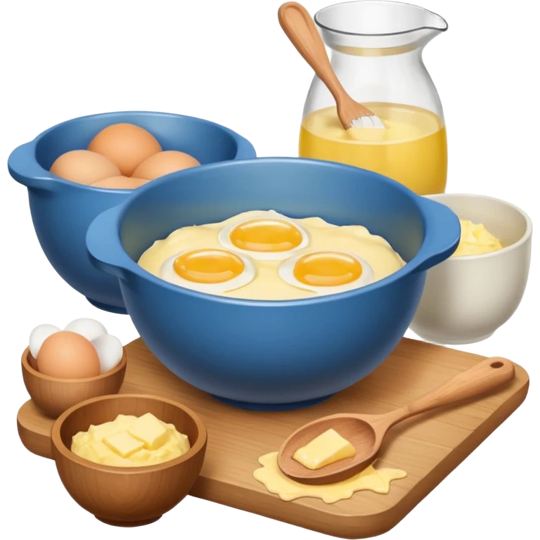 baking preperation with mixing bowl with uncracked eggs and butter emoji