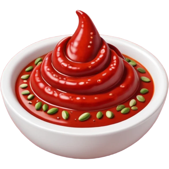 harissa paste, small dollop or swirl, deep red, thick textured, glossy, uneven, flecks of chili, spices, seeds, vibrant red to crimson, clean 3D, soft shadows, transparent background, emoji scale emoji