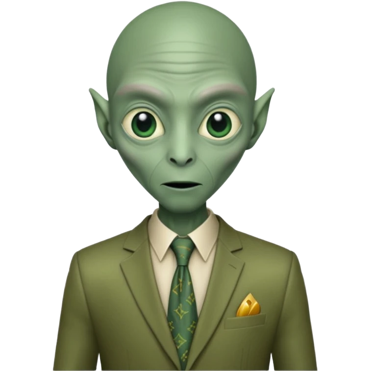 Green tall alien wearing Louis Vutton suit emoji