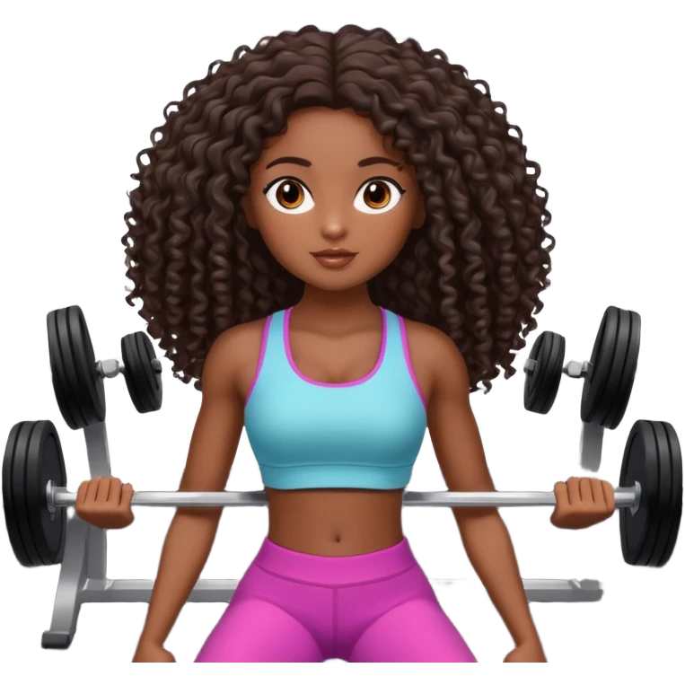 Uma boneca morena escura com olhos castanhos e cabelo cacheado longo até o peito, treinando Gym malhando emoji