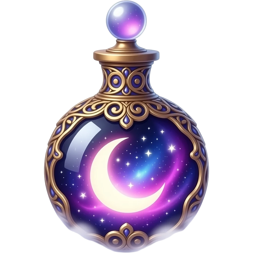 ornate glass vial with metallic filigree, swirling cosmic nebula inside, glowing purple‑pink‑blue light, crescent moon and tiny stars suspended in liquid, resting in soft mist, ethereal magical atmosphere emoji