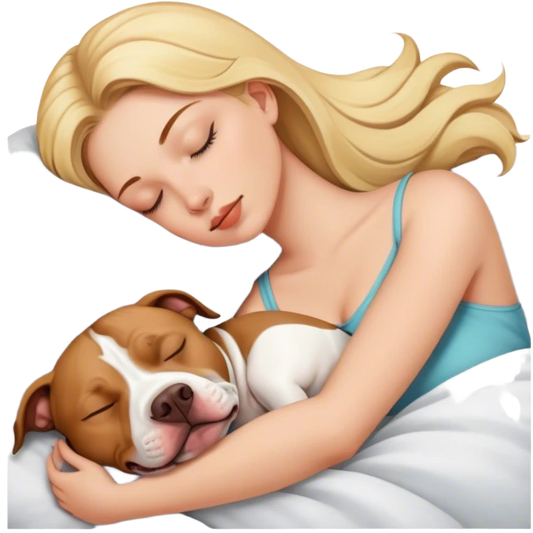 blonde girl sleeping with a brown and white pitbull  emoji