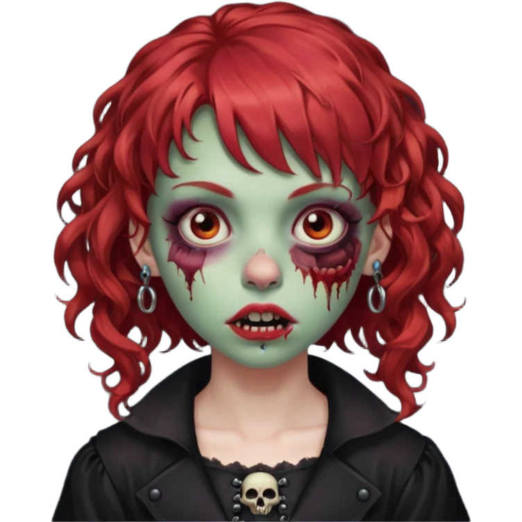 zombie girl red hair cacheado médio e franja, com piercings na boca, nariz e sobrancelha,  roupa gótica  emoji